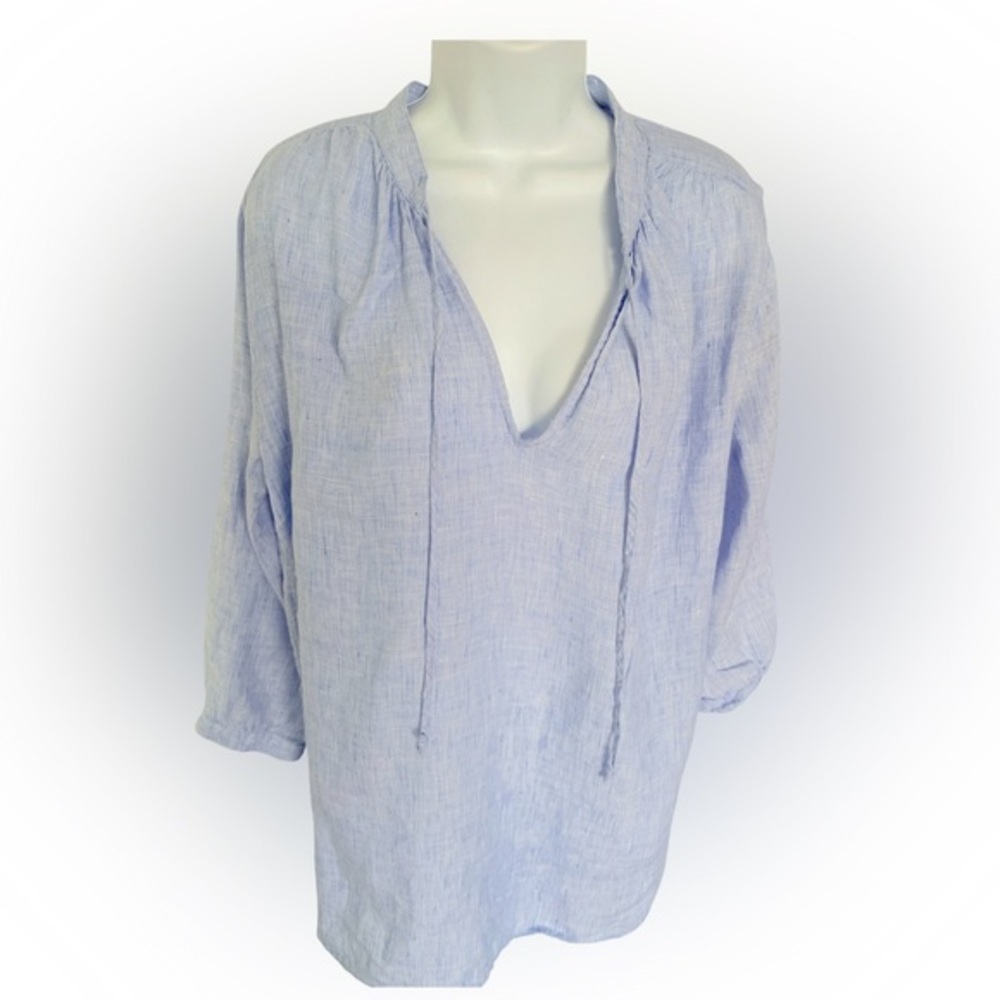 J Crew Linen Doris Tunic Blue Blouse -M light blue white , all linen